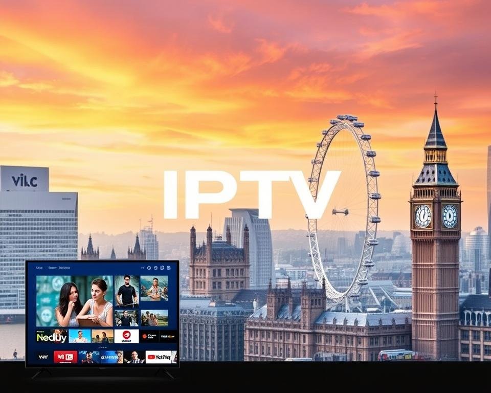 A high-quality, high-definition image of a modern, professional-looking IPTV service provider in the UK. The foreground features a clean, minimalist user interface showcasing the wide range of live TV channels and on-demand content available, with sleek icons and a simple color scheme. The middle ground displays a large, prominent logo or brand name, conveying the company's reliability and credibility. The background depicts a cityscape of London's iconic landmarks, such as the Big Ben and the London Eye, under a vibrant, warm-toned sky with subtle lens flare effects, creating an aspirational, metropolitan atmosphere. The overall composition should be well-balanced, visually appealing, and effectively communicate the comprehensive service offering of a top IPTV provider in the UK.