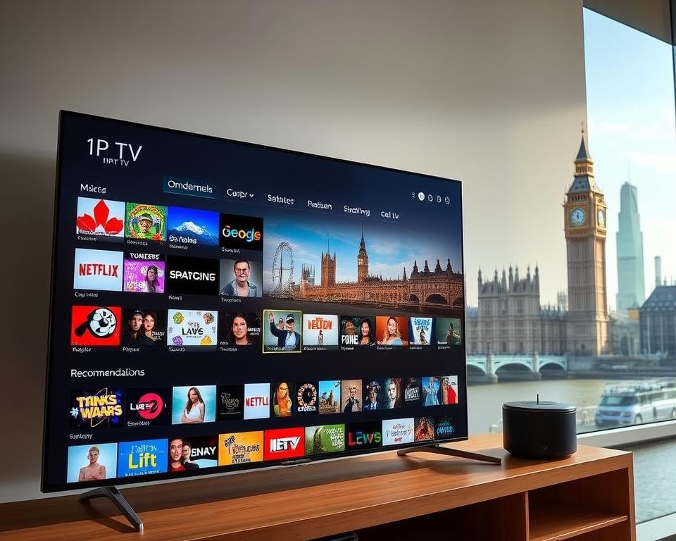 A high-quality image depicting a comprehensive IPTV content library in the UK. The foreground features a sleek, modern IPTV interface showcasing a diverse selection of live TV channels, on-demand movies, TV shows, and other media content. The middle ground presents neatly organized content categories and recommendations tailored to the user's preferences. The background depicts the iconic landmarks of the UK skyline, conveying a sense of locality and the availability of locally relevant programming. The lighting is soft and natural, creating a warm and inviting atmosphere. The overall composition is visually striking, highlighting the breadth and depth of the IPTV service's content offerings.