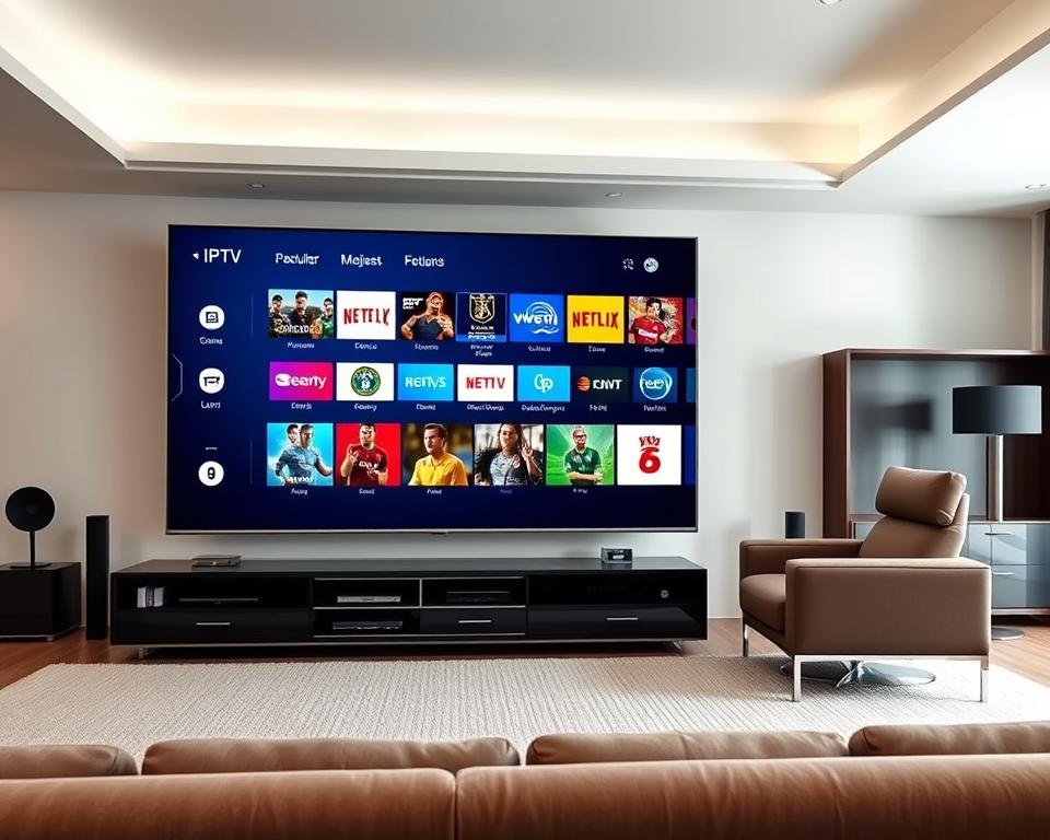 A high-quality, photorealistic image of a living room setup with a large flatscreen TV displaying an array of popular UK IPTV channels. The TV is positioned prominently in the foreground, surrounded by sleek, modern home entertainment furniture. The middle ground features a cozy sofa and armchair, creating a comfortable viewing experience. The background showcases a minimalist, well-lit interior design with neutral tones and clean lines, emphasizing the premium, high-tech nature of the IPTV system. The lighting is soft and natural, accentuating the clarity and vibrancy of the TV display. The overall scene conveys a sense of elevated, immersive home entertainment.