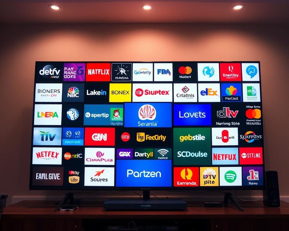 A high-quality, realistic digital illustration depicting the top features of premium IPTV services in the UK. The image should showcase a vibrant array of popular UK television channels, presented in a visually engaging and aesthetically pleasing manner. The channels should be prominently displayed, with a focus on their logos, branding, and channel information. The overall composition should convey a sense of professionalism, quality, and the elevated streaming experience offered by premium IPTV services. The lighting should be soft and directional, creating depth and dimensionality. The image should be captured from a slightly elevated angle, allowing for a comprehensive view of the channel lineup. The color palette should be rich and vivid, reflecting the vibrant nature of the UK's television landscape.