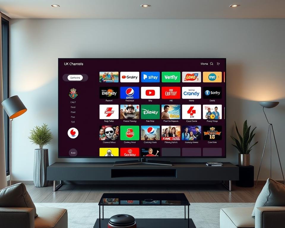 A high-quality, realistic image of a modern IPTV service interface showcasing various UK television channels. The interface is presented on a large, sleek display in a contemporary living room setting. The channels are organized neatly in a grid layout, with clear icons and crisp, vibrant visuals. Subtle lighting from floor lamps and a large window creates a warm, inviting atmosphere. The room features minimalist furniture and decor, allowing the IPTV interface to be the central focus. The overall scene conveys a sense of comfort, technology, and entertainment, reflecting the premium nature of the IPTV service.