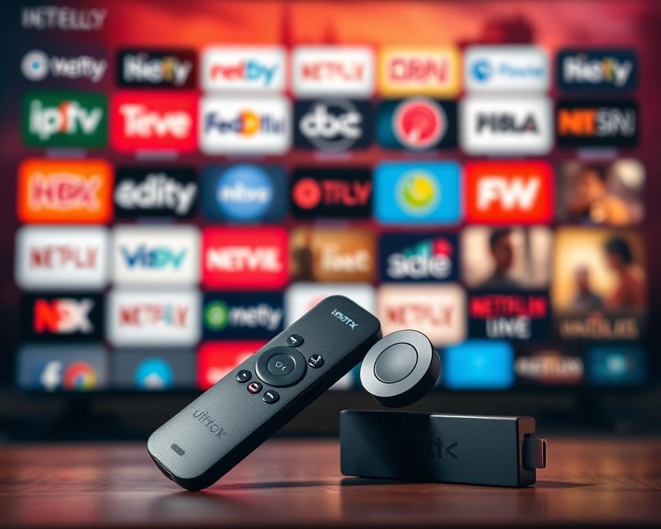 A high-quality, realistic image of an IPTV service for a Firestick device in the UK. The foreground shows a Firestick remote control and a Firestick device against a blurred background of various IPTV channel logos and content thumbnails. The Firestick device is positioned prominently, with a warm, soft lighting highlighting its sleek design. The background has a subtle gradient, creating a sense of depth and professionalism. The overall mood is one of premium entertainment and seamless streaming, reflecting the high-quality IPTV service for Firestick users in the UK.