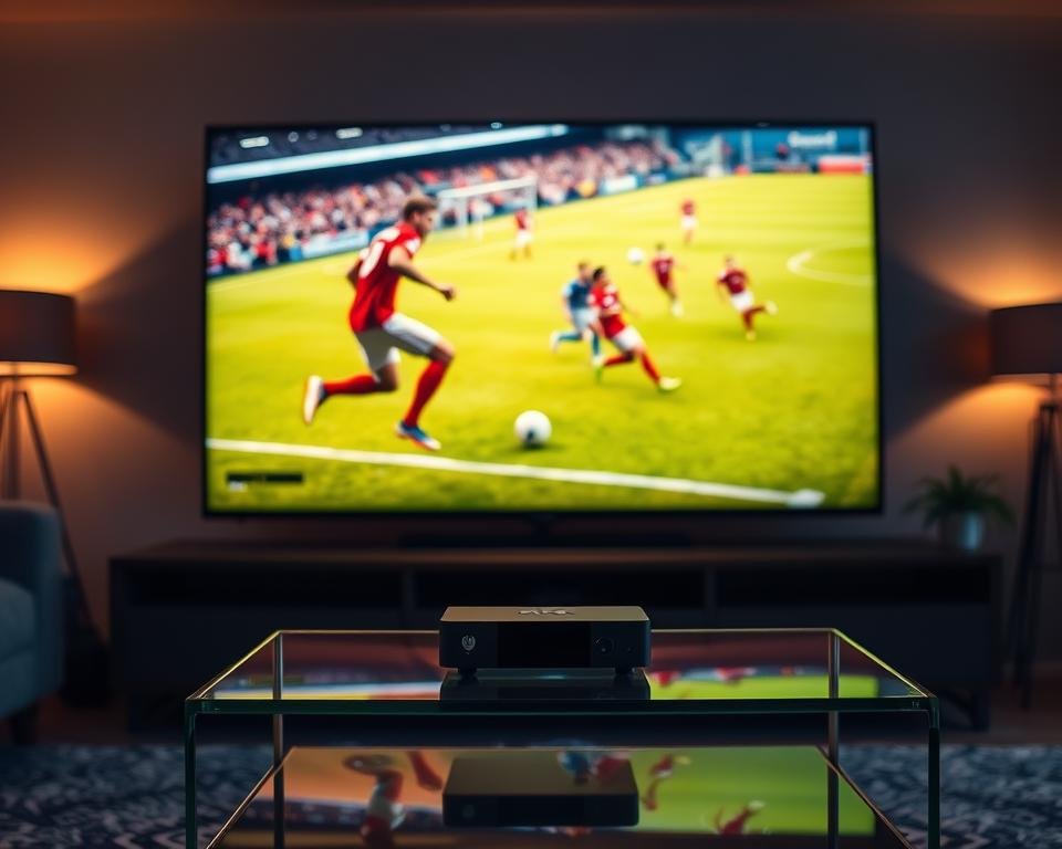 A high-quality sports streaming experience, showcased in a sleek and modern display. The foreground features a large 4K television with a vibrant, high-contrast image of a live soccer match. The screen is surrounded by subtle lighting effects, creating a sense of depth and immersion. In the middle ground, a high-end media streaming device rests on a minimalist entertainment stand, its clean design complementing the overall aesthetic. The background depicts a cozy, yet sophisticated living room setting, with warm lighting and subtle decor elements that evoke a premium, cinematic atmosphere. The overall scene conveys a sense of effortless, top-tier sports viewing, catering to the discerning tastes of the modern sports enthusiast.
