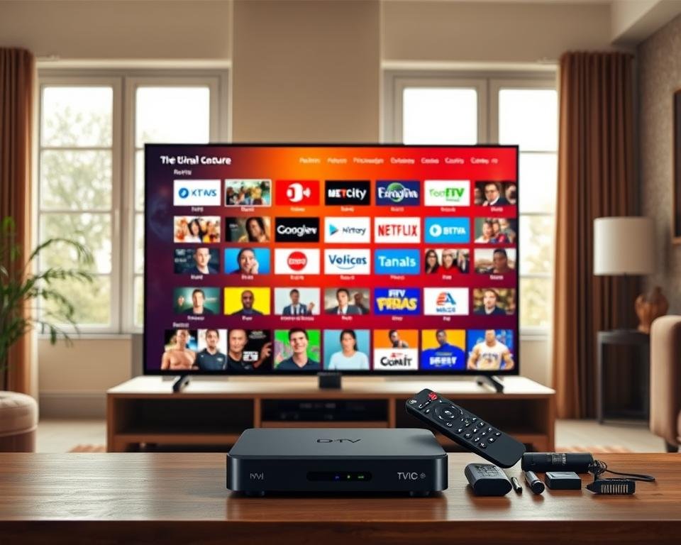 A high-quality, ultra-detailed image showcasing the key features of the Xtreme HD IPTV service. Set in a warm, inviting living room, the foreground depicts a modern smart TV displaying a vibrant, crystal-clear IPTV interface with a vast selection of live channels, on-demand content, and intuitive controls. In the middle ground, a sleek IPTV set-top box, remote control, and other accessories are neatly arranged, highlighting the service's user-friendly technology. The background features large windows letting in soft, natural lighting, creating a cozy, immersive atmosphere. The overall scene conveys the seamless, high-end entertainment experience promised by the Xtreme HD IPTV bundle. A high-quality, ultra-detailed image showcasing the key features of the Xtreme HD IPTV service. Set in a warm, inviting living room, the foreground depicts a modern smart TV displaying a vibrant, crystal-clear IPTV interface with a vast selection of live channels, on-demand content, and intuitive controls. In the middle ground, a sleek IPTV set-top box, remote control, and other accessories are neatly arranged, highlighting the service's user-friendly technology. The background features large windows letting in soft, natural lighting, creating a cozy, immersive atmosphere. The overall scene conveys the seamless, high-end entertainment experience promised by the Xtreme HD IPTV bundle.