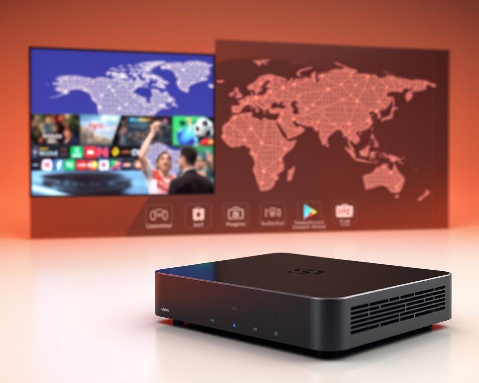 A high-quality, ultra-realistic 3D render of the key features of Xtreme HD IPTV UK service. In the foreground, a sleek, modern IPTV device with intuitive touch controls and a crisp, high-definition display showcasing the extensive live TV channel lineup. In the middle ground, a series of dynamic icons representing on-demand content, catch-up TV, and seamless integration with popular streaming services. In the background, a sophisticated network diagram illustrating the robust infrastructure and global content delivery system powering the Xtreme HD IPTV experience. The scene is illuminated by warm, directional lighting, creating depth and emphasizing the premium quality of the product. The overall aesthetic is clean, minimalist, and technologically advanced, capturing the essence of Xtreme HD IPTV UK's cutting-edge features. A high-quality, ultra-realistic 3D render of the key features of Xtreme HD IPTV UK service. In the foreground, a sleek, modern IPTV device with intuitive touch controls and a crisp, high-definition display showcasing the extensive live TV channel lineup. In the middle ground, a series of dynamic icons representing on-demand content, catch-up TV, and seamless integration with popular streaming services. In the background, a sophisticated network diagram illustrating the robust infrastructure and global content delivery system powering the Xtreme HD IPTV experience. The scene is illuminated by warm, directional lighting, creating depth and emphasizing the premium quality of the product. The overall aesthetic is clean, minimalist, and technologically advanced, capturing the essence of Xtreme HD IPTV UK's cutting-edge features.