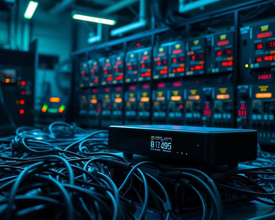 A high-tech IPTV test line against a dimly lit, industrial backdrop. In the foreground, a cluster of cables, connectors, and monitoring equipment meticulously arranged, conveying a sense of technical complexity. The middle ground features a sleek, modern IPTV set-top box, its display showcasing real-time signal diagnostics. In the background, a wall of blinking indicator lights and digital readouts, creating an atmosphere of technical precision. Subtle blue and green hues illuminate the scene, evoking the digital nature of IPTV technology. The lighting is directional, casting dramatic shadows and highlights to emphasize the technical aspects. The camera angle is slightly elevated, providing an overview of the setup, emphasizing the organized, systematic nature of the IPTV test line.