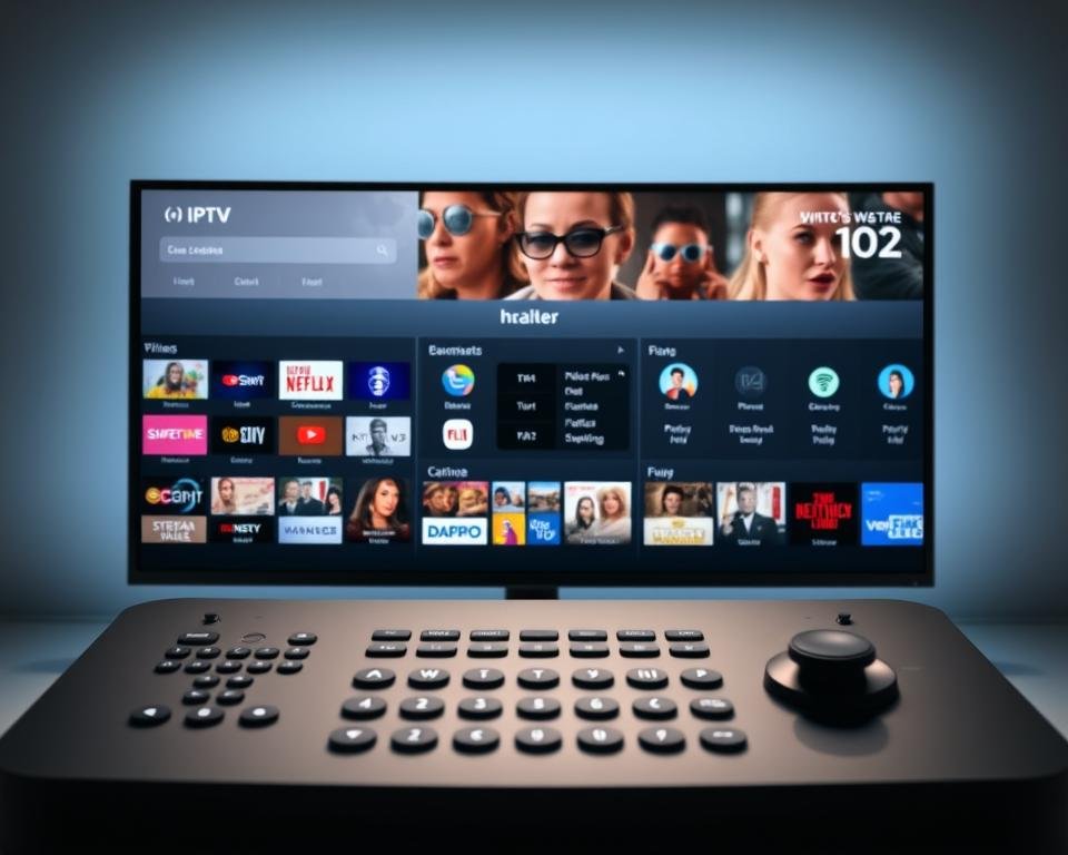 A high-tech control panel displaying a sleek, modern IPTV subscription service interface for the UK market. The foreground features an array of colorful channel logos, streaming content thumbnails, and interactive menu options. The middle ground showcases a clean, minimalist design with intuitive navigation controls and a sophisticated user experience. The background has a subtle gradient effect, emanating a sense of technological advancement and digital entertainment. Lighting is soft and even, highlighting the crisp details and vibrant colors of the user interface. The overall atmosphere conveys a premium, cutting-edge IPTV solution tailored specifically for UK consumers.