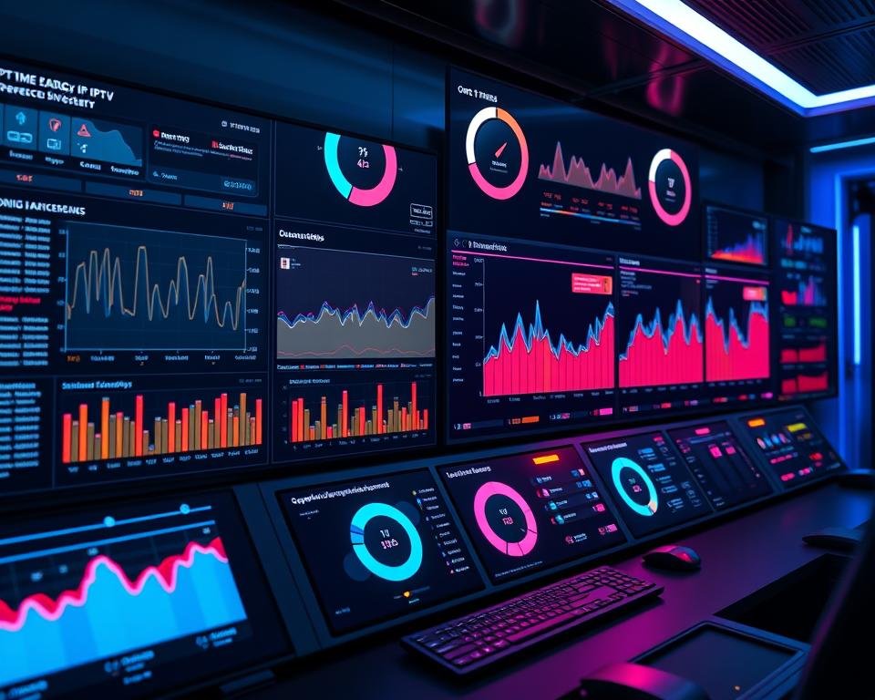 A high-tech control panel displaying real-time analytics of a cutting-edge IPTV streaming service. Sleek, minimalist interfaces with vibrant neon-like color accents, crisp data visualizations, and smooth animated metrics tracking optimal bandwidth, low latency, and superior picture quality. The scene is bathed in a cool, futuristic glow, creating an atmosphere of efficiency and technological prowess. The camera angle is slightly elevated, giving a bird's-eye view of the meticulously organized dashboard, conveying a sense of authority and expertise in the IPTV industry.