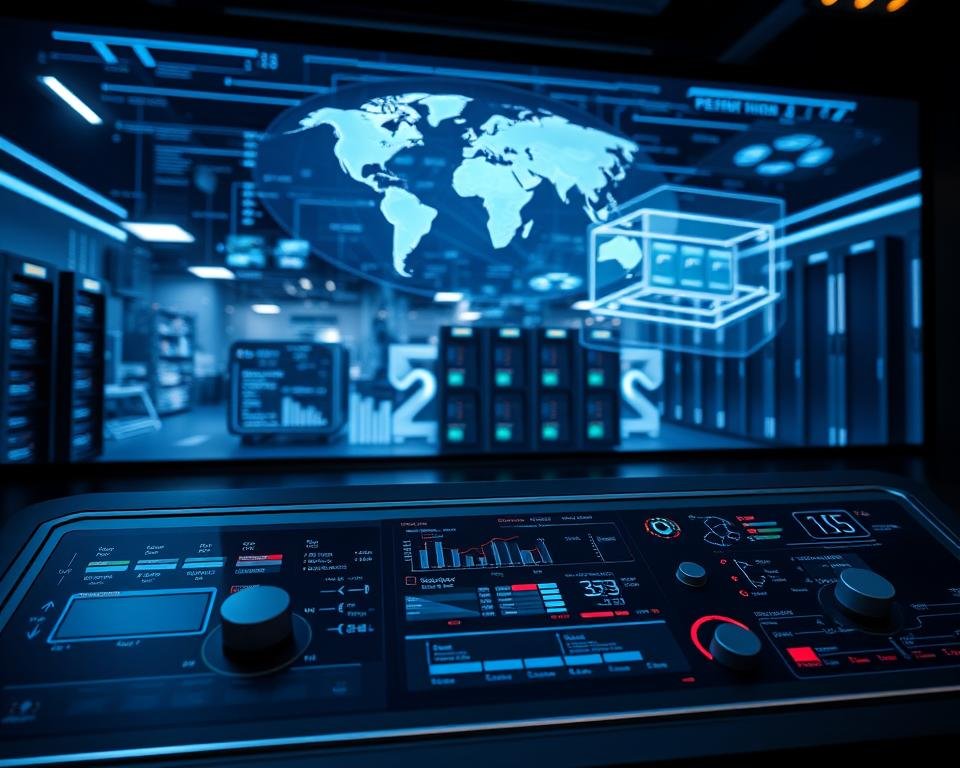 A high-tech, futuristic control panel showcasing the technical advantages of a premium IPTV service. In the foreground, a sleek, minimalist interface displays real-time data and statistics, with toggles and sliders for customizing the streaming experience. The middle ground features a panoramic view of a global network, with data visualizations and server racks, conveying the power and reliability of the infrastructure. In the background, a holographic projection displays a 3D model of the service, highlighting its cutting-edge features and capabilities. The lighting is cool and modern, with sharp shadows and subtle ambient glow, creating a sense of sophistication and advanced technology.