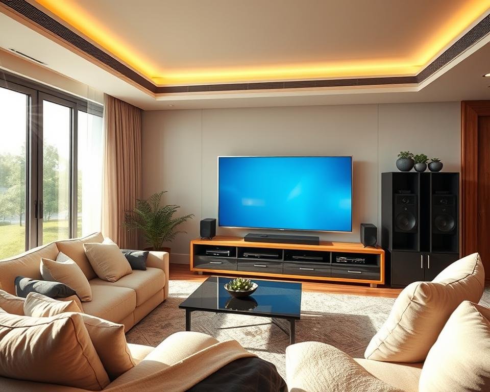A high-tech living room with a large flat-screen TV displaying crystal-clear IPTV content, surrounded by a modern entertainment system with sleek components. Plush, comfortable seating with cozy lighting creates an inviting atmosphere. The room has clean, minimalist decor with neutral tones and natural wood accents, exuding a sense of tranquility. The TV screen shows a vivid, uninterrupted image, hinting at the superior performance of this IPTV service without any buffering or delays. Sunlight streams in through large windows, bathing the room in a warm, natural glow and emphasizing the clarity of the IPTV picture. An aura of sophistication and technological advancement pervades the scene.