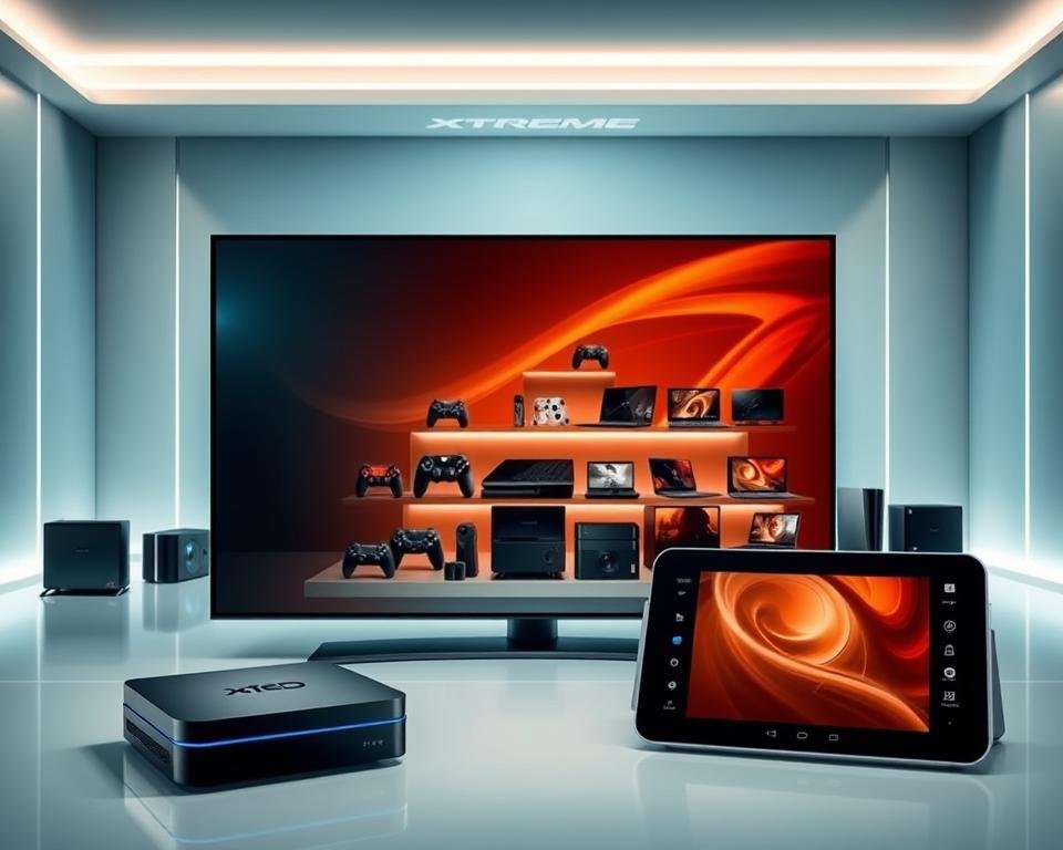 A high-tech, well-lit display showcasing the compatible devices for Xtreme HD IPTV. In the foreground, a sleek, modern smart TV, a state-of-the-art streaming box, and a handheld tablet, all arranged in a visually appealing composition. In the middle ground, various other compatible devices such as gaming consoles, laptops, and smartphones, neatly organized to demonstrate the wide range of compatibility. The background features a minimalist, tech-inspired environment with clean lines and subtle gradients, creating a sense of sophistication and high-end technology. The lighting is soft and directional, highlighting the devices and creating a sense of depth and dimension. The overall tone is one of advanced, high-quality entertainment technology that seamlessly integrates with Xtreme HD IPTV.