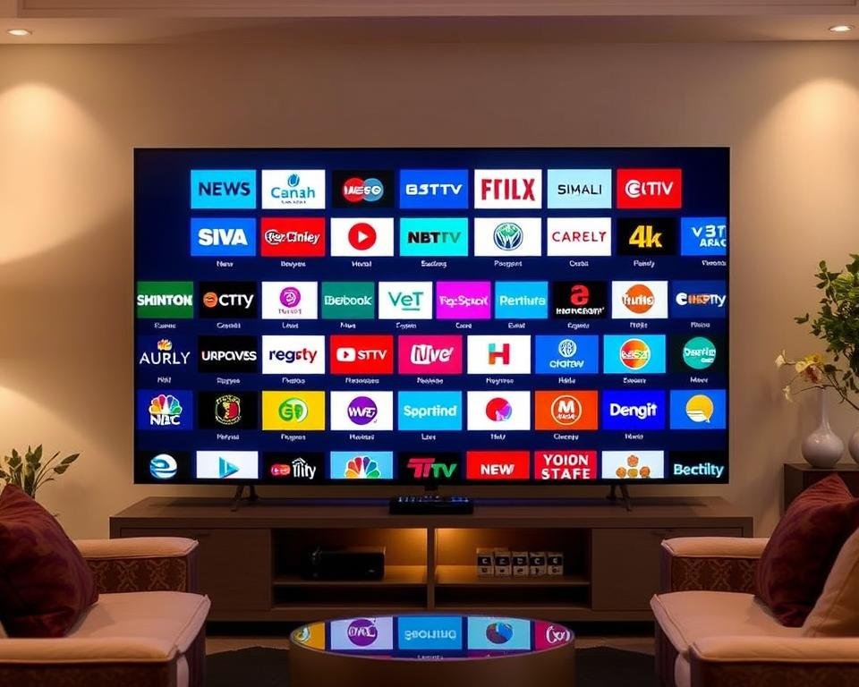 A large, modern HDTV screen displays a diverse array of UK IPTV channel logos in vibrant colors. The screen is situated in a cozy, well-lit living room setting, with plush furniture and warm lighting creating a comfortable, inviting atmosphere. The screen's crisp, high-definition display showcases a comprehensive selection of popular channels, from news and entertainment to sports and lifestyle programming, reflecting the unparalleled content library available to UK IPTV subscribers. The scene conveys a sense of accessibility, variety, and the ability to elevate one's streaming experience through a curated, all-inclusive IPTV service.