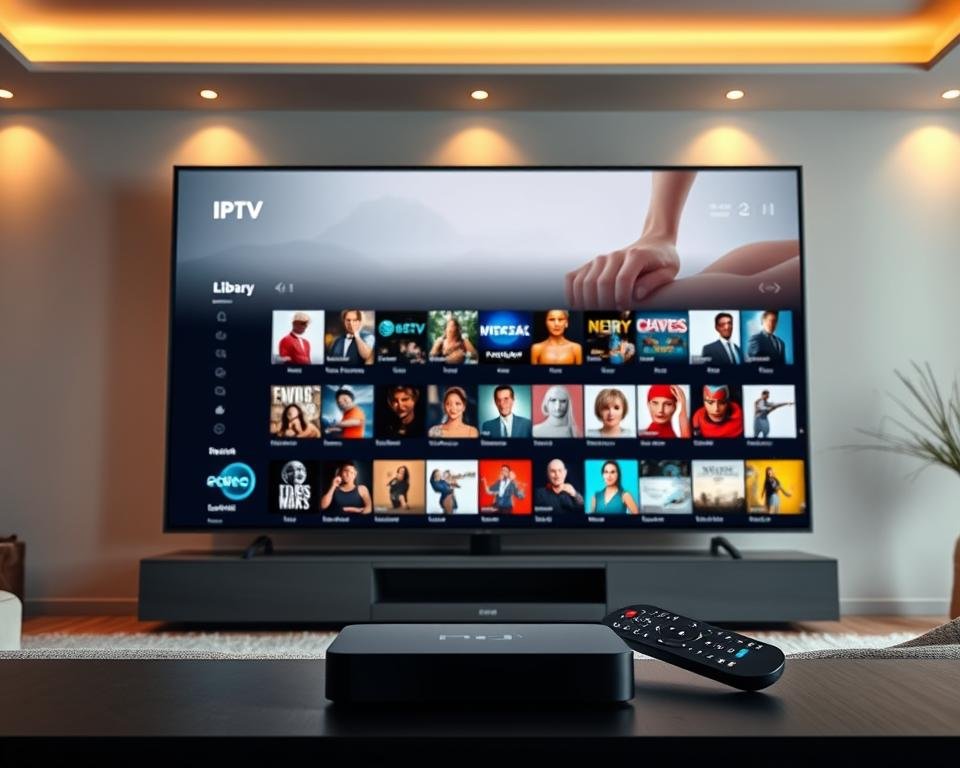 A large, sleek TV screen prominently displays a diverse library of IPTV content, showcasing various genres and channels. The screen is surrounded by a modern, minimalist living room setting with clean lines and neutral tones, creating a sense of sophistication and technology. Warm lighting from subtle fixtures illuminates the scene, casting a cozy glow. In the foreground, a wireless remote control and a streaming device, such as a set-top box or a smart TV, hint at the ease of accessing the comprehensive IPTV services available in the UK. The overall composition conveys a sense of digital entertainment freedom and a curated, high-quality viewing experience.