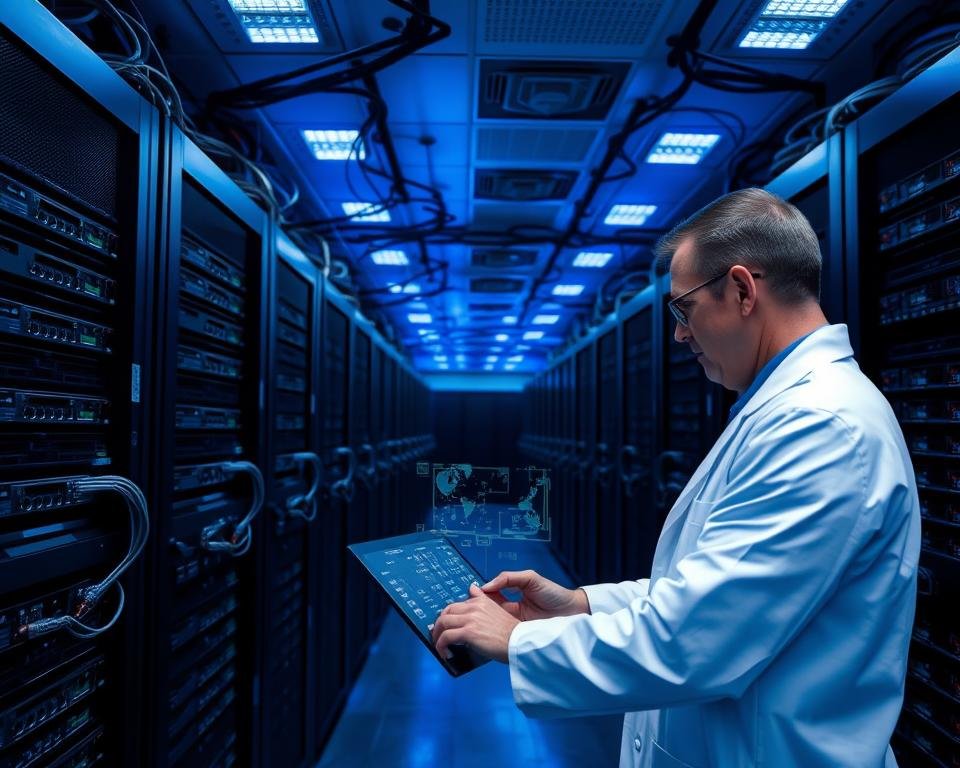 A massive cloud-based data center, housing rows of sleek black servers and networking equipment. The space is bathed in a cool blue glow, illuminated by subtle recessed lighting that casts dramatic shadows. Cables and fiber optic lines snake between the racks, creating a complex web of interconnectivity. In the foreground, a technician in a crisp white lab coat monitors a series of holographic displays, adjusting parameters with precision. The atmosphere is one of cutting-edge technology and reliable infrastructure, designed to deliver a premium IPTV UK service experience.