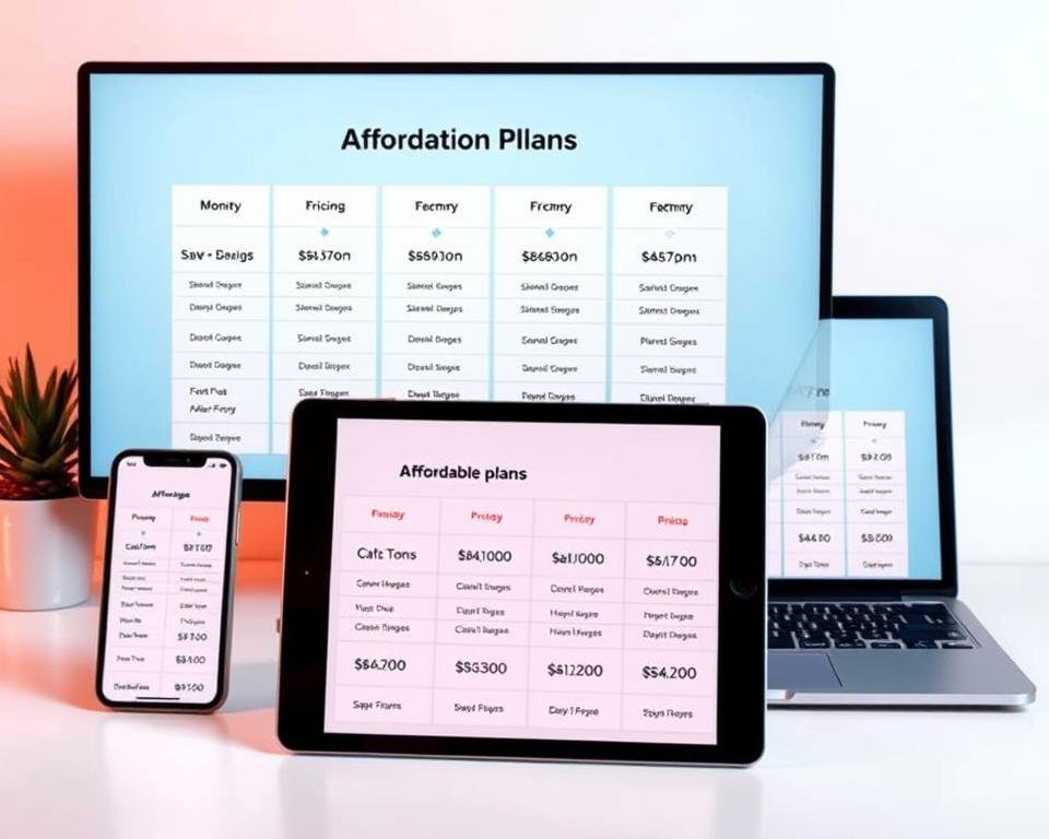 A minimalist and clean-looking set of affordable IPTV subscription plans, displayed on digital devices like a smartphone, tablet, and laptop. The plans are presented in a grid layout with clear pricing, features, and package details. The devices are arranged in a visually appealing composition, with a warm and inviting lighting that highlights the digital screens. The overall mood is one of simplicity, accessibility, and value proposition, reflecting the "Subscription Plans and Pricing Structure" section of the article.