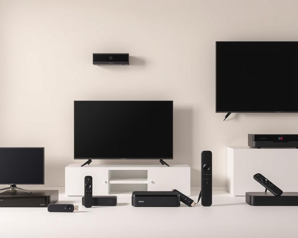 A minimalist, well-lit product shot showcasing a variety of Xtreme HD IPTV compatible devices including smart TVs, set-top boxes, and streaming sticks. The devices are arranged in an aesthetically pleasing, symmetrical layout on a clean, neutral-colored background. The devices are depicted with a high level of detail, allowing the viewer to appreciate their sleek, modern designs. The lighting is soft and diffused, creating a sense of depth and highlighting the textures and materials of the devices. The overall composition and styling convey a sense of sophistication and technological prowess, aligning with the "ultimate TV experience" theme of the article.