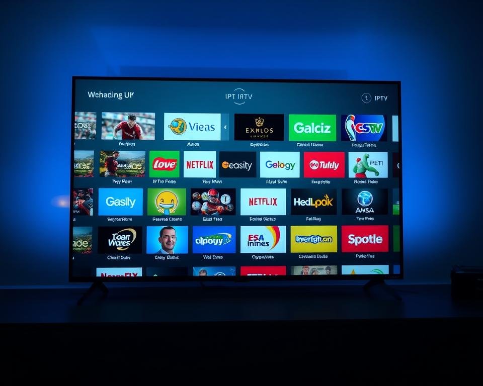 A modern IPTV interface displaying a diverse selection of UK television channels, ranging from news and sports to entertainment and lifestyle programming. The foreground showcases a sleek, minimalist design with crisp, high-definition channel icons neatly arranged. The middle ground features a visually appealing grid layout, allowing the viewer to easily browse and select from a comprehensive content library. The background subtly conveys a sense of technological sophistication, with subtle gradients and a soothing, blue-hued color palette creating a visually captivating and immersive viewing experience. Realistic lighting and camera angles contribute to the overall sense of depth and realism, making the image a visually striking representation of the wealth of content available through IPTV in the UK.