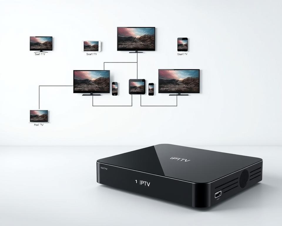 A modern and sleek IPTV device set against a minimalist background, showcasing its compatibility with various electronic devices. The device is rendered in high detail, with a glossy black finish and clean lines. The foreground features the device prominently, while the middle ground depicts a selection of compatible devices such as smart TVs, tablets, and smartphones, all connected via cables and wireless connections. The background is a simple, light-colored wall, creating a sense of simplicity and focus on the main subject. The lighting is soft and even, highlighting the device's form and emphasizing its modern, high-tech aesthetic.