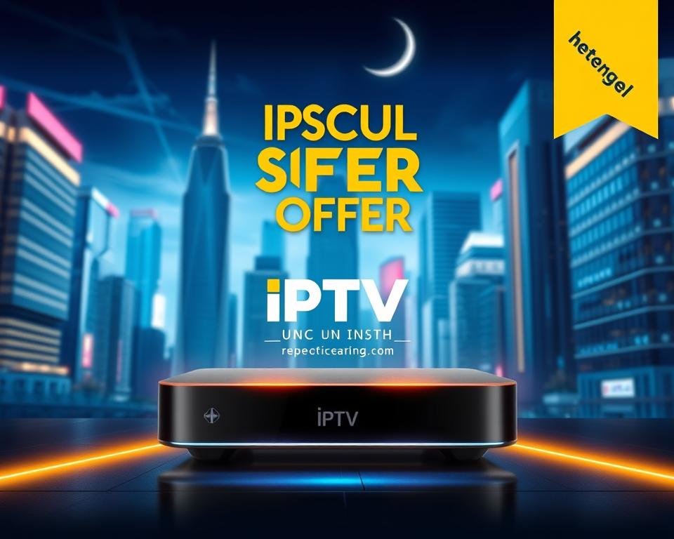 A modern and visually striking image of an IPTV UK special offer. Set against a vibrant, futuristic cityscape, the focal point is a sleek, minimalist device displaying the IPTV UK logo and promotional details. The device is backlit with a warm, inviting glow, creating a sense of premium quality and exclusivity. The background features towering skyscrapers, neon lights, and a night sky with a hint of a crescent moon, conveying a sense of urban sophistication and technological advancement. The overall composition is balanced, with clean lines and a sophisticated color palette of blues, whites, and accents of gold. The mood is one of excitement, modernity, and the promise of exceptional streaming experiences.