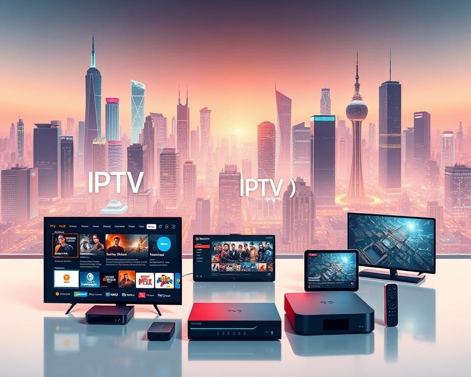 A modern, futuristic illustration of an IPTV streaming service. In the foreground, a sleek and intuitive user interface showcases a variety of live TV channels, on-demand content, and personalized recommendations. The middle ground features a collection of streaming devices, including smart TVs, set-top boxes, and mobile devices, all seamlessly connected to the IPTV service. In the background, a cityscape with towering skyscrapers and a vibrant, neon-lit skyline creates a sense of technological innovation and urban sophistication. The lighting is soft and diffused, creating a warm and inviting atmosphere, while the camera angle suggests a birds-eye view, highlighting the comprehensive and expansive nature of the IPTV streaming experience.