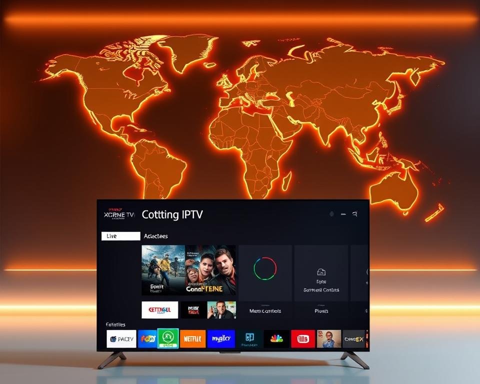 A modern, high-definition IPTV service showcasing its cutting-edge features. In the foreground, a sleek, minimalist interface displays a grid of popular live TV channels, on-demand content, and smart home integrations. The middle ground features intuitive menu navigation, parental controls, and customizable user profiles. In the background, a world map emphasizes the global reach and extensive channel lineup of the Xtreme HD IPTV service, illuminated by a warm, cinematic lighting that conveys a sense of premium quality and technological sophistication. A modern, high-definition IPTV service showcasing its cutting-edge features. In the foreground, a sleek, minimalist interface displays a grid of popular live TV channels, on-demand content, and smart home integrations. The middle ground features intuitive menu navigation, parental controls, and customizable user profiles. In the background, a world map emphasizes the global reach and extensive channel lineup of the Xtreme HD IPTV service, illuminated by a warm, cinematic lighting that conveys a sense of premium quality and technological sophistication.