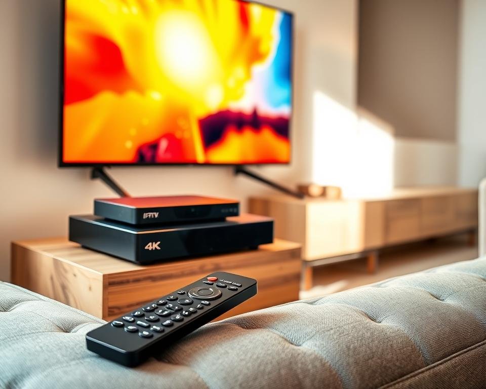 A modern, high-quality IPTV setup, featuring a sleek, black set-top box resting on a minimalist wooden entertainment unit. The box is connected to a large, vibrant 4K television, displaying a vivid, high-definition image. The living room is bathed in warm, natural lighting from a large window, creating a cozy, inviting atmosphere. In the foreground, a sophisticated remote control lies on a plush, grey sofa, ready for easy navigation of the IPTV interface. The overall scene conveys a sense of technological sophistication, seamless integration, and a premium home entertainment experience.