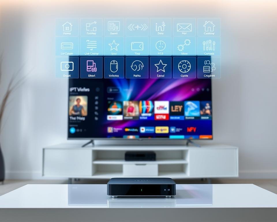 A modern home entertainment setup showcasing an IPTV service. In the foreground, a sleek smart TV displays vibrant, high-definition content. Floating above the TV screen, holographic menus and icons allow seamless navigation of the IPTV platform's expansive library of live channels and on-demand entertainment. The middle ground features a minimalist media cabinet housing a state-of-the-art streaming device, connecting the TV to the IPTV service. In the background, ambient lighting and a clean, contemporary room design set the mood for an immersive viewing experience. Capturing the convenience and technological sophistication of modern IPTV solutions for the home.