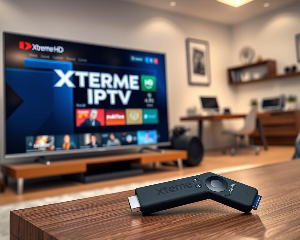 A modern home entertainment setup with a sleek, high-tech IPTV system. In the foreground, a modern streaming device like a Roku or Fire TV Stick is connected to a large, 4K HDR television. The device's interface displays the Xtreme HD IPTV logo and menu. In the middle ground, a Wi-Fi router and modem provide a fast, stable internet connection. In the background, a home office or media room setting with minimalist decor and ambient lighting creates a cozy, immersive atmosphere for the user to enjoy premium IPTV content. The overall scene conveys a sense of seamless, high-quality home entertainment. A modern home entertainment setup with a sleek, high-tech IPTV system. In the foreground, a modern streaming device like a Roku or Fire TV Stick is connected to a large, 4K HDR television. The device's interface displays the Xtreme HD IPTV logo and menu. In the middle ground, a Wi-Fi router and modem provide a fast, stable internet connection. In the background, a home office or media room setting with minimalist decor and ambient lighting creates a cozy, immersive atmosphere for the user to enjoy premium IPTV content. The overall scene conveys a sense of seamless, high-quality home entertainment.