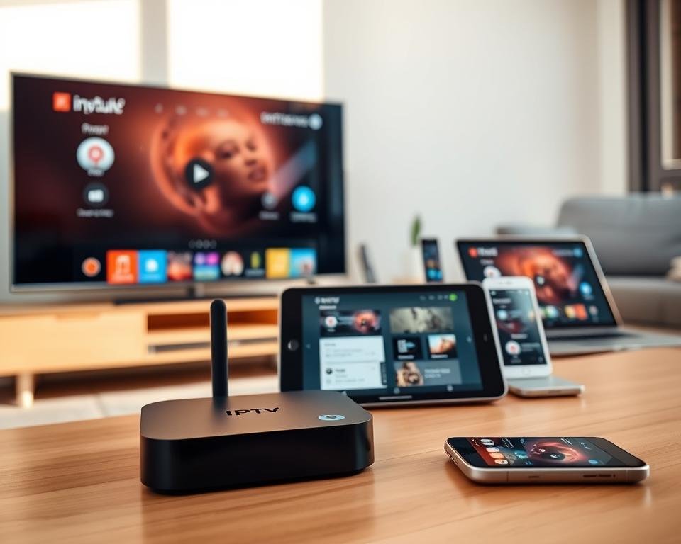 A modern home entertainment setup with various IPTV-enabled devices neatly arranged. In the foreground, a sleek smart TV displays the IPTV interface, while in the middle ground, a streaming box and a tablet showcase the same intuitive IPTV experience. In the background, a smartphone and a laptop blend seamlessly into the minimalist decor, all connected and ready to unlock instant IPTV content. The scene is bathed in warm, natural lighting that accentuates the clean, user-friendly design of the devices. An atmosphere of effortless connectivity and entertainment permeates the space.