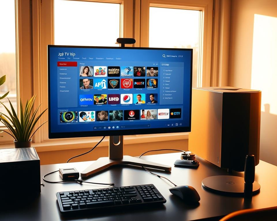 A modern home office setup with a desktop computer, wireless keyboard and mouse, and a sleek high-definition IPTV interface displayed on the monitor. The room is bathed in warm, diffused lighting from large windows, creating a cozy, productive atmosphere. The IPTV interface shows a clean, intuitive layout with various live TV channels, on-demand content, and settings menus, showcasing the user-friendly experience of the Xtreme HD IPTV UK service. The overall scene conveys the ease and convenience of setting up and using this premium streaming solution in a comfortable, tech-savvy home environment. A modern home office setup with a desktop computer, wireless keyboard and mouse, and a sleek high-definition IPTV interface displayed on the monitor. The room is bathed in warm, diffused lighting from large windows, creating a cozy, productive atmosphere. The IPTV interface shows a clean, intuitive layout with various live TV channels, on-demand content, and settings menus, showcasing the user-friendly experience of the Xtreme HD IPTV UK service. The overall scene conveys the ease and convenience of setting up and using this premium streaming solution in a comfortable, tech-savvy home environment.