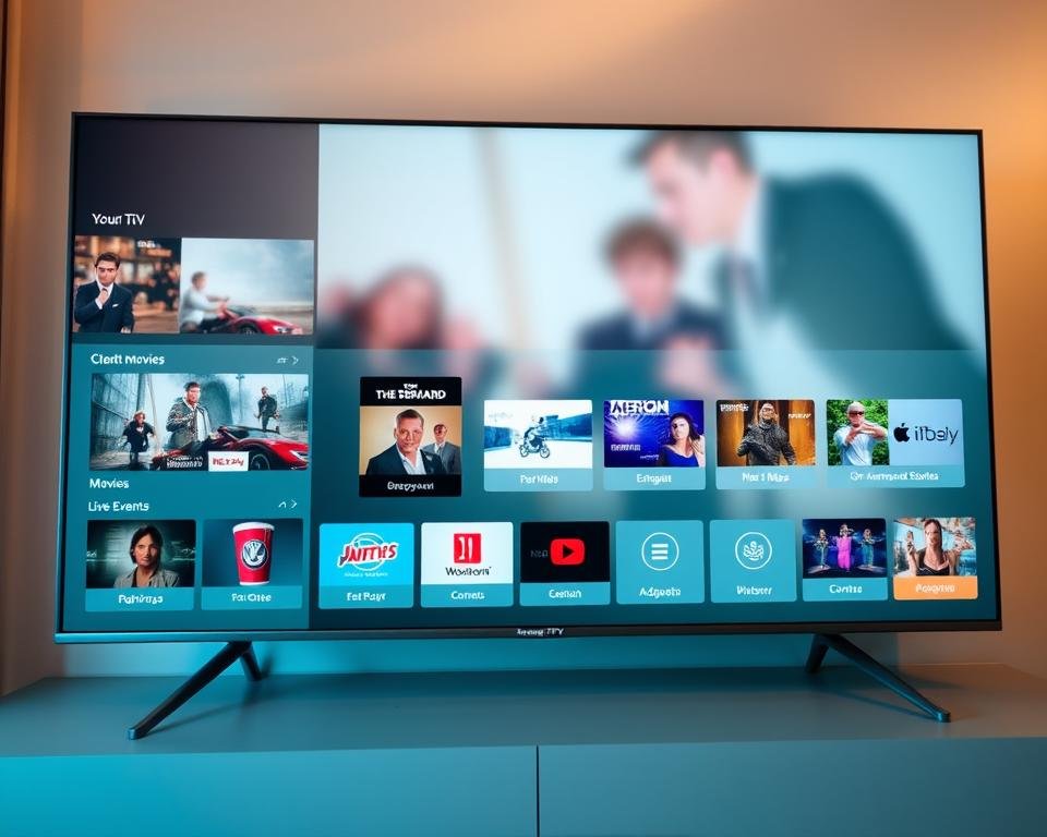 A modern, intuitive IPTV user interface with a clean, minimalist design. The foreground features a sleek, responsive layout with prominent content tiles showcasing various TV channels, on-demand movies, and live events. The middle ground displays a smooth, seamless navigation menu with intuitive icons and labels. The background subtly incorporates a soft, blurred video or image feed, creating a sense of depth and immersion. Warm, balanced lighting illuminates the interface, and the camera angle is slightly angled to provide an engaging, user-centric perspective. The overall mood is one of sophistication, simplicity, and a premium entertainment experience.