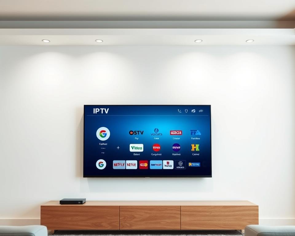 A modern living room interior with a sleek, wall-mounted smart TV displaying various IPTV streaming service icons. The TV is set against a minimalist, white backdrop, creating a clean, high-tech aesthetic. Soft, directional lighting illuminates the scene, casting subtle shadows and highlighting the TV's sharp display. The composition places the smart TV as the central focus, with the IPTV service logos neatly arranged around it, conveying the TV's compatibility with a range of popular IPTV providers. The overall mood is one of technological sophistication and seamless digital entertainment.
