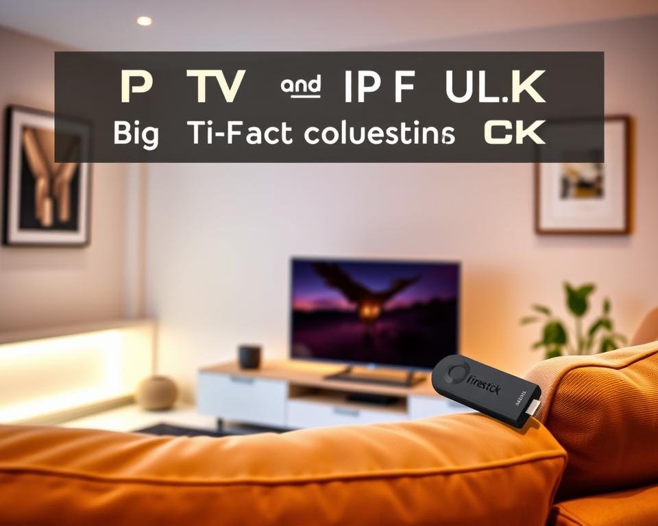 A modern living room with a cozy atmosphere, a Firestick device prominently displayed on a sleek entertainment center. The room is illuminated by warm, soft lighting, creating a comfortable and inviting ambiance. The walls are adorned with minimalist artwork, and a plush sofa sits in the foreground, suggesting a space for relaxation and media consumption. The Firestick, the focal point of the image, symbolizes the accessibility and convenience of IPTV services in the UK, catering to the needs of modern households.