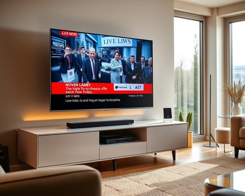 A modern living room with a large flat-screen TV displaying a live UK news broadcast. The TV is situated on a sleek entertainment unit, surrounded by minimalist decor and warm lighting. The room has large windows allowing natural light to filter in, creating a cozy and inviting atmosphere. The TV screen shows a dynamic news ticker and live coverage of a current event, immersing the viewer in the experience of watching live UK television from the comfort of their home. The overall scene conveys the ease and convenience of streaming live UK TV content online.