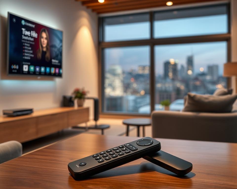 A modern living room with a large flat-screen TV mounted on the wall, displaying a streaming service interface. The room is well-lit with soft, warm lighting, creating a cozy and inviting atmosphere. In the foreground, a sleek, minimalist remote control lies on a coffee table, suggesting ease of use. The middle ground features a comfortable sofa and armchair, hinting at the relaxing experience of streaming content. In the background, a large window overlooks a cityscape, suggesting the convenience of accessing content from anywhere. The overall scene conveys a high-quality, seamless streaming experience in the comfort of one's own home.