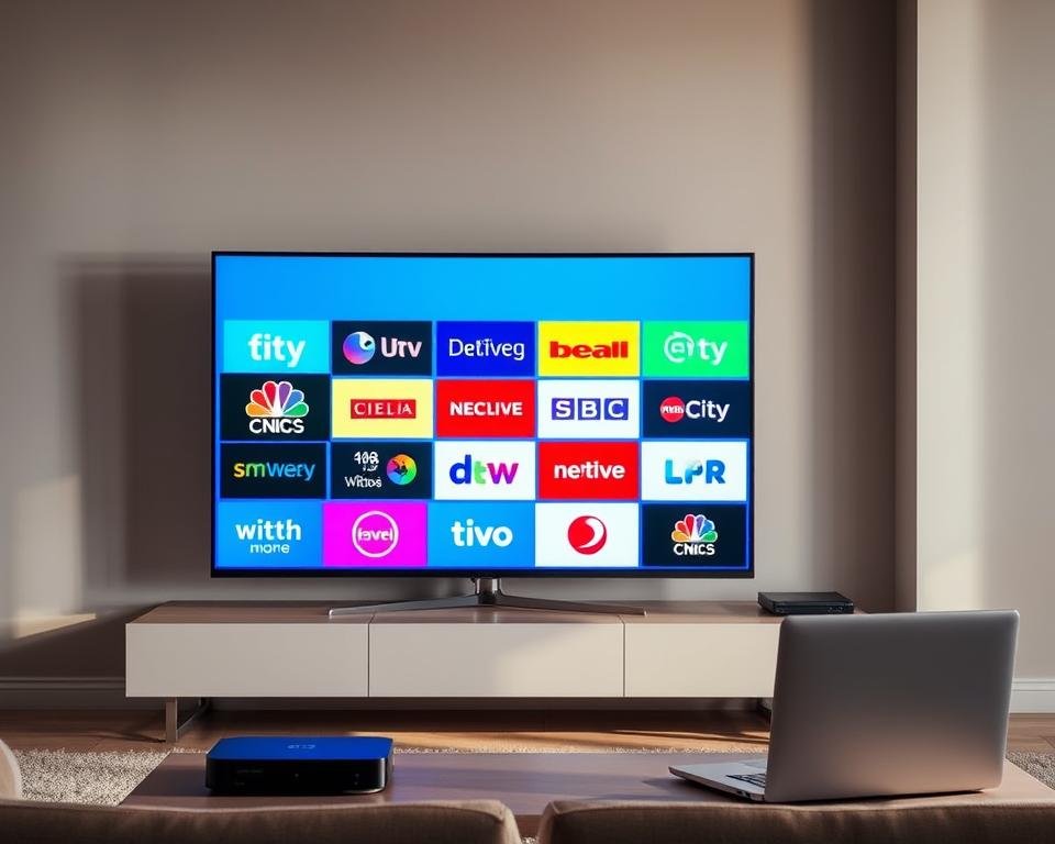 A modern living room with a large flatscreen TV displaying various UK TV channel logos in bright, vibrant colors. The TV is positioned on a sleek, minimalist TV stand against a neutral-toned wall. Streaming devices such as a set-top box and a laptop are visible, creating a technical yet cozy atmosphere. Soft, directional lighting illuminates the scene, emphasizing the sharp, high-definition visuals on the screen. The overall impression is one of convenience, connectivity, and the ability to access UK television content from the comfort of one's own home.