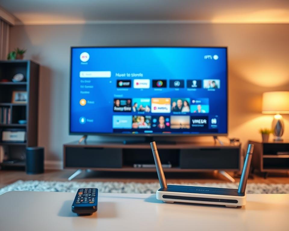 A modern living room with a sleek, minimalist Smart TV prominently displayed. The TV screen shows a clean, user-friendly IPTV interface, highlighting various channels and on-demand content options. The room is bathed in warm, natural lighting, creating a cozy and inviting atmosphere. In the foreground, a wireless remote control and a high-speed internet router are visible, suggesting the seamless integration of the IPTV service with the home entertainment setup. The overall scene conveys the ease and convenience of accessing a wide range of IPTV content on a Smart TV in the comfort of a contemporary UK living space.