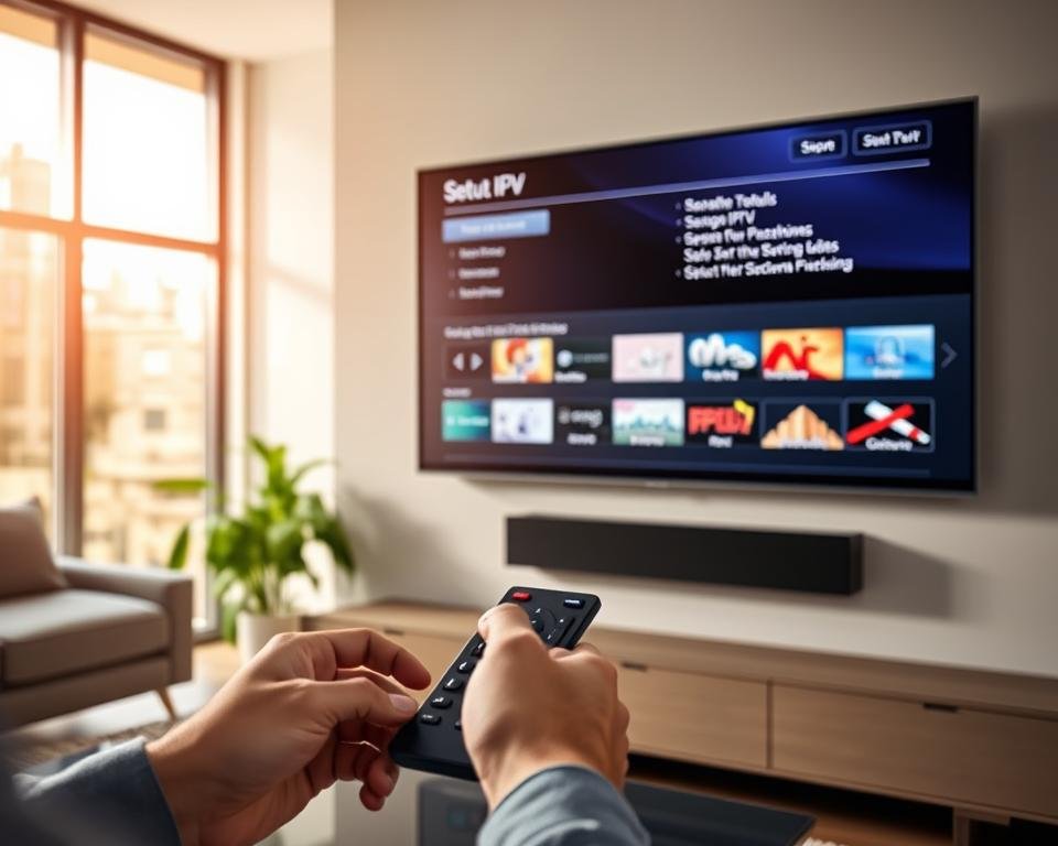 A modern living room with a sleek, wall-mounted smart TV. The TV's screen displays the setup process for an IPTV service, with various menu options and settings visible. In the foreground, a person's hands are interacting with a remote control, navigating the IPTV installation on the TV. The room is well-lit, with natural light streaming in through large windows, creating a warm and inviting atmosphere. The overall scene conveys a sense of ease and simplicity in setting up an IPTV service on a smart TV.
