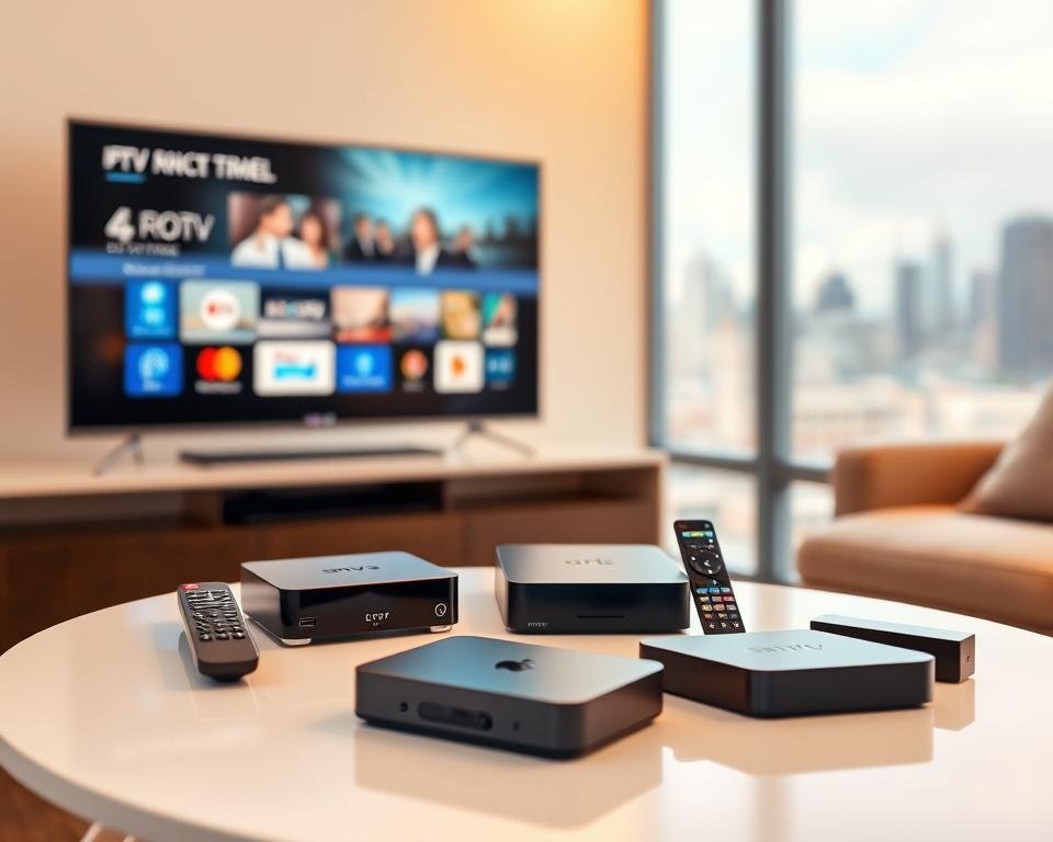 A modern living room with a smart TV, streaming boxes, and remote controls in the foreground, showcasing a variety of IPTV trial devices compatible with UK services. The devices are presented on a clean, minimalist table, well-lit with a warm, inviting ambiance. The background features a blurred city skyline, suggesting the urban setting. The composition emphasizes the devices' functionality and ease of use, conveying the accessibility of IPTV trials in the UK.