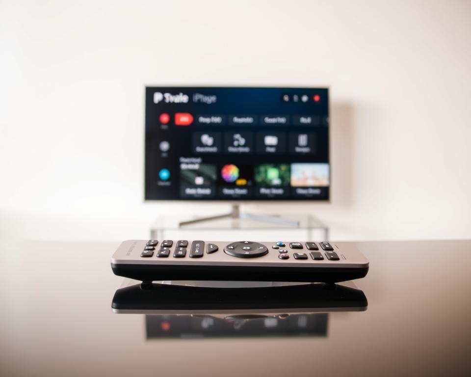 A modern, minimalist IPTV subscription dashboard against a clean, white backdrop. In the foreground, a sleek, silver remote control rests on a glossy, black surface, subtly hinting at the high-tech nature of the service. The middle ground features a tablet or smartphone displaying a simple, user-friendly interface with various IPTV package options, emphasizing affordability and accessibility. The background gently blurs out, keeping the focus on the core offering. Soft, natural lighting casts a warm, inviting glow, conveying a sense of reliability and professionalism. The overall composition suggests a streamlined, hassle-free IPTV experience tailored to the UK market.