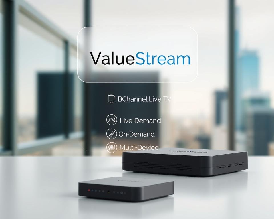 A modern, minimalist digital display showcasing a ValueStream IPTV subscription package. In the foreground, a sleek black streaming device with clean lines and a subtle LED indicator. Hovering above it, a semi-transparent overlay depicts the ValueStream logo and key package details: "HD Channels", "Live TV", "On-Demand", and "Multi-Device". The background features a softly blurred cityscape, hinting at the versatility of this budget-friendly IPTV solution. The lighting is natural and evenly diffused, creating a sense of professionalism and reliability. The overall tone is one of simplicity, functionality, and value.