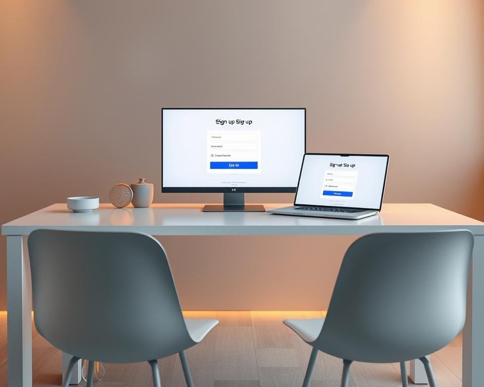 A modern, minimalist home office setup, with a clean, crisp white desk and matching chairs. On the desk, a laptop and a sleek, high-resolution display showcase a streaming service's sign-up process, with elegant, intuitive UI elements guiding the user through the steps. Warm, indirect lighting from a concealed source casts a soft, inviting glow, creating a welcoming and productive atmosphere. The background features a blurred, neutral-toned wall, allowing the sign-up interface to take center stage. The overall scene conveys a sense of effortless, streamlined access to a world of entertainment.