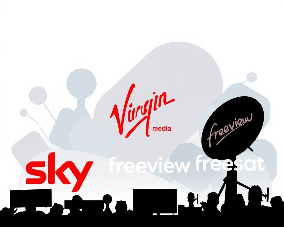 A modern, minimalist illustration showcasing various popular UK IPTV service providers. In the foreground, silhouettes of logos and brand names for leading IPTV platforms, such as UKTV, Sky, Virgin Media, Freeview, and Freesat. The middle ground features abstract shapes and geometric patterns in a muted color palette of blues, grays, and whites, suggesting the digital infrastructure and technology powering these IPTV services. The background has a soft, hazy gradient, creating a sense of depth and highlighting the providers. Crisp, clean rendering with careful attention to balance, composition, and negative space to produce a visually striking, professional-grade image.