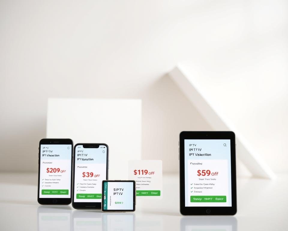 A modern, minimalist-style image showcasing discounted IPTV subscription packages. In the foreground, several mobile devices are arranged with their screens displaying different IPTV plan options, each highlighting the current pricing. The middle ground features clean, geometric shapes and lines in a neutral color palette, creating a sleek, professional atmosphere. The background has a subtle gradient or blurred texture, lending depth and focus to the central elements. The lighting is soft and diffused, creating an inviting, high-quality aesthetic. The overall composition emphasizes the value proposition of the IPTV discounts through a visually appealing, technology-driven design.