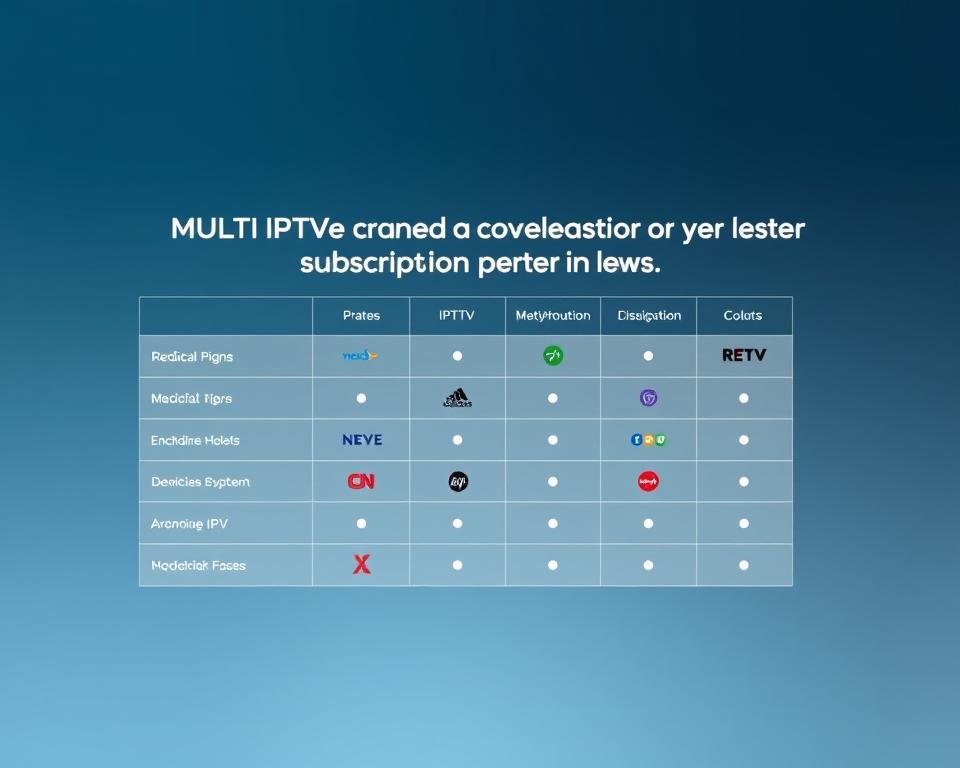 A modern, professional-looking comparison chart showcasing the leading multi-device IPTV subscription providers in the UK. The chart occupies the center of the frame, with a clean, minimalist design featuring crisp, high-quality icons and logos for each provider. The background is a soft, muted gradient in cool tones, creating a sense of sophistication. Subtle grid lines and subtle drop shadows enhance the depth and legibility of the chart. The overall aesthetic is sleek, informative, and visually appealing, suitable for inclusion in a high-quality business or technology publication.