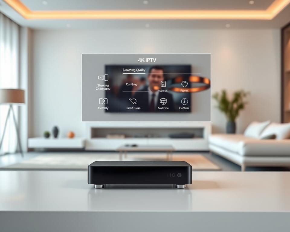 A modern, sleek 4K IPTV device sits prominently in the foreground, its crisp display showcasing the latest UK IPTV technology. In the middle ground, a visualization of streaming channels, streaming quality settings, and smart home integrations float against a backdrop of a minimalist living room, bathed in warm, soft lighting. The scene conveys the future of home entertainment, where cutting-edge 4K IPTV seamlessly blends with a sophisticated, modern aesthetic.