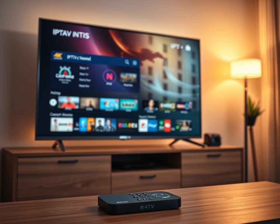 A modern, sleek IPTV service displayed on a 4K resolution smart TV screen, showcasing a wide variety of live TV channels, on-demand content, and user-friendly interface. The scene is bathed in warm, soft lighting, creating a cozy, inviting atmosphere. The TV is placed on a minimalist, wood-tone entertainment unit, with subtle ambient lighting accentuating the device. In the foreground, a wireless remote control and a streaming device, such as a set-top box or dongle, are neatly arranged, suggesting the seamless integration of the IPTV service. The overall composition conveys a sense of premium quality, reliability, and a superior home entertainment experience.