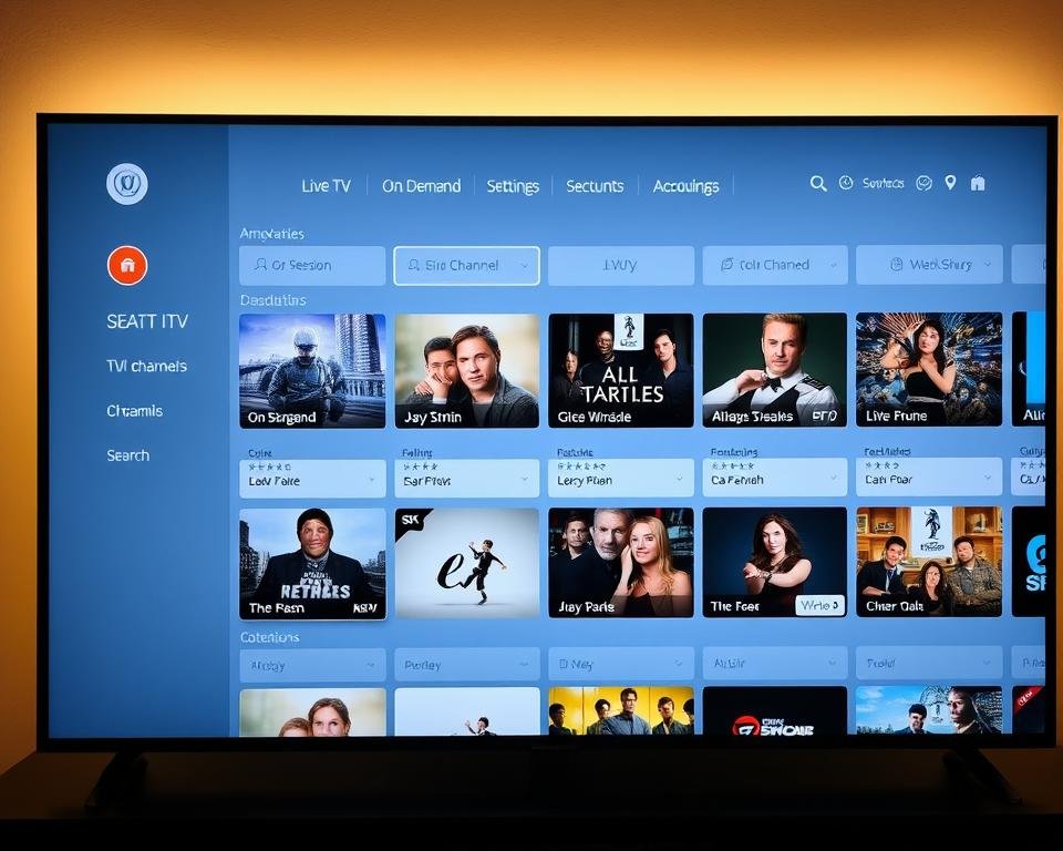 A modern, sleek IPTV service interface with a clean, minimalist design. The main screen displays a grid of popular live TV channels, with clear channel names and high-quality thumbnails. The interface features a left-side menu for easy navigation through categories like "Live TV", "On Demand", and "Recordings". The top bar has intuitive controls for search, settings, and account management. Subtle yet elegant animations and transitions create a responsive, seamless user experience. Warm, natural lighting illuminates the display, conveying a sense of comfort and reliability. The overall aesthetic is refined, trustworthy, and optimized for easy content discovery and playback.