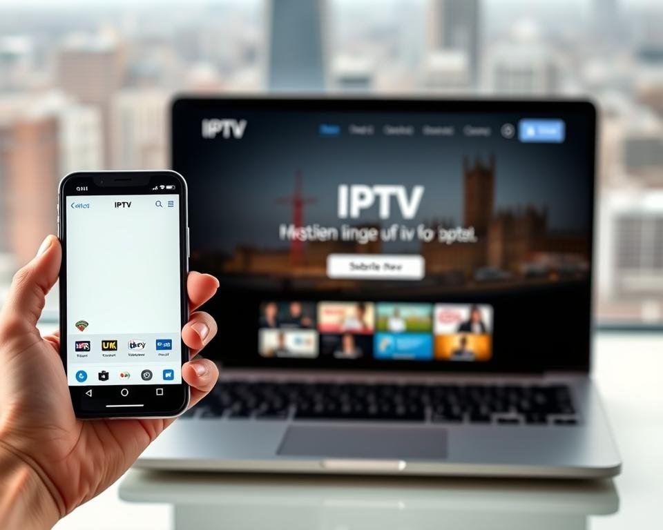 A modern, sleek UI for a UK IPTV subscription service. In the foreground, a hand holding a smartphone with the IPTV app open, showcasing a clean, intuitive interface with live TV channels and on-demand content. In the middle ground, a laptop or tablet displaying the IPTV website, with a prominent "Subscribe Now" button. The background features a blurred cityscape, hinting at the global reach and accessibility of the IPTV service. Lighting is soft and natural, creating a sense of professionalism and trustworthiness. The overall tone is one of efficiency, simplicity, and the promise of instant access to UK television.