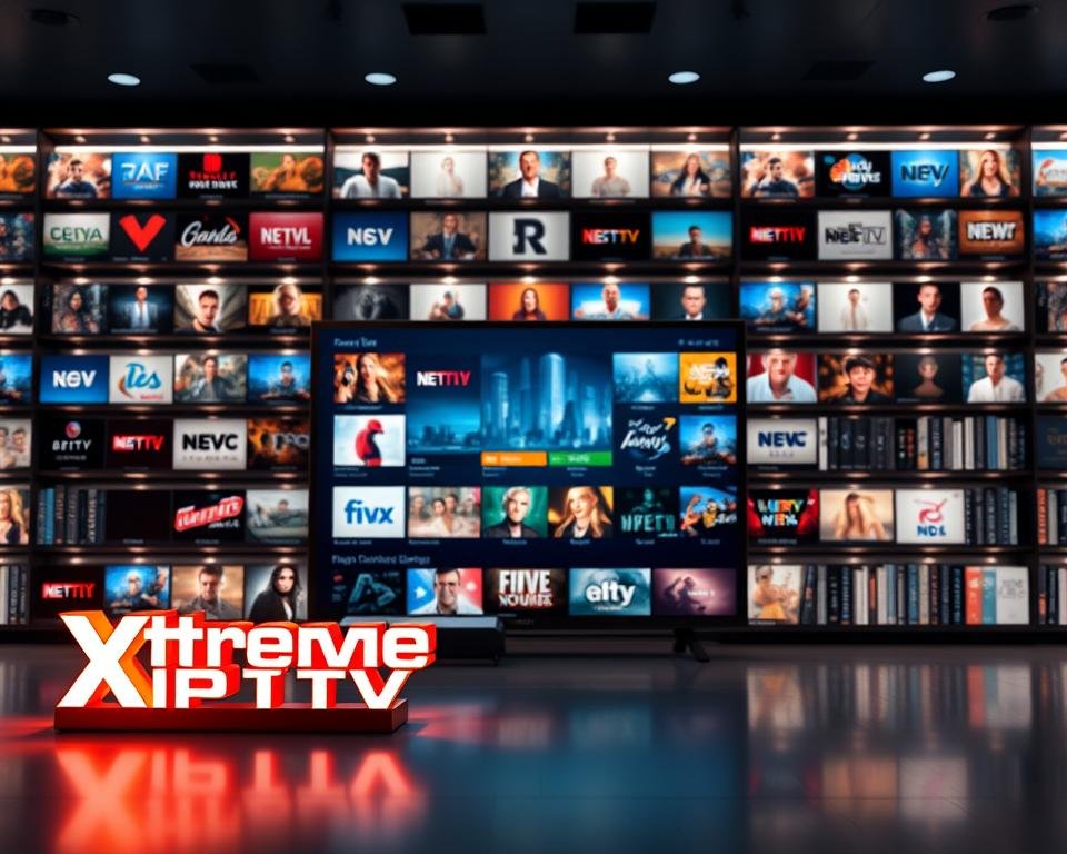 A modern, sleek digital library showcasing the extensive Xtreme HD IPTV content collection. The foreground features a stylized 3D render of the Xtreme HD IPTV logo, backlit with a warm glow and surrounded by a crisp, high-resolution grid of various channel icons and program thumbnails. The midground depicts a cinematic view of the IPTV interface, presenting a visually stunning array of live broadcasts, on-demand titles, and curated content categories. The background is a softly defocused cityscape, hinting at the global reach and boundless entertainment options of the Xtreme HD IPTV service. Captured with a wide-angle lens and dramatic studio lighting, the overall composition conveys a sense of comprehensive, high-quality content and a premium, immersive viewing experience. A modern, sleek digital library showcasing the extensive Xtreme HD IPTV content collection. The foreground features a stylized 3D render of the Xtreme HD IPTV logo, backlit with a warm glow and surrounded by a crisp, high-resolution grid of various channel icons and program thumbnails. The midground depicts a cinematic view of the IPTV interface, presenting a visually stunning array of live broadcasts, on-demand titles, and curated content categories. The background is a softly defocused cityscape, hinting at the global reach and boundless entertainment options of the Xtreme HD IPTV service. Captured with a wide-angle lens and dramatic studio lighting, the overall composition conveys a sense of comprehensive, high-quality content and a premium, immersive viewing experience.